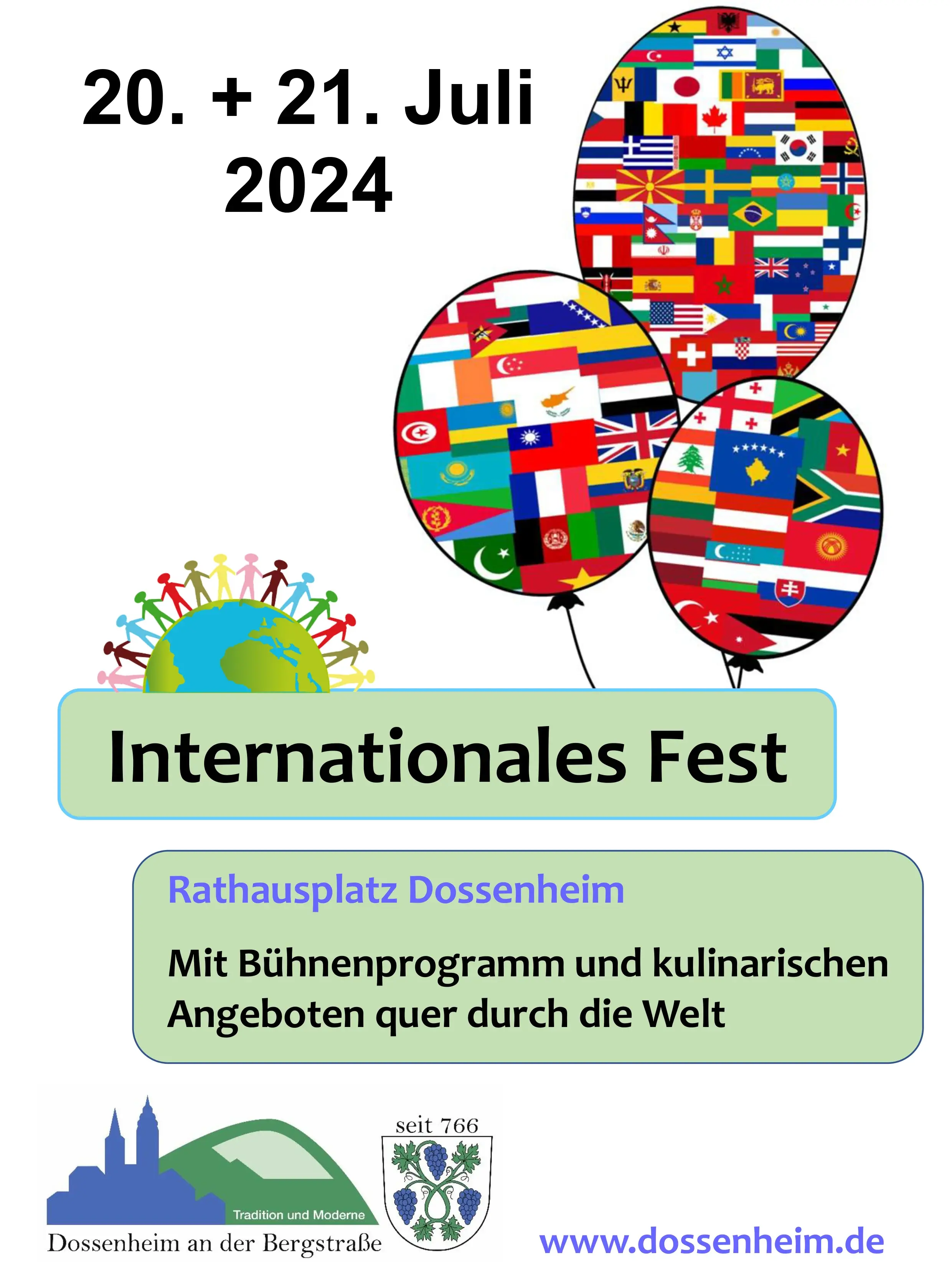 Bunte Luftballons auf dem Plakat zum Internationalen Fest